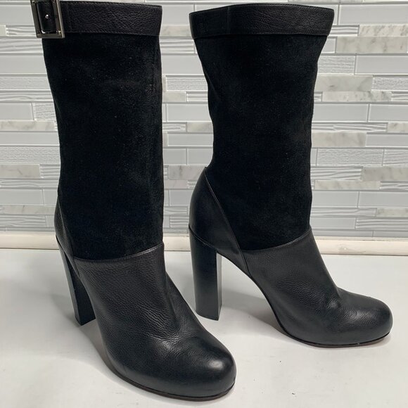 Rachel Zoe Claudia Black Leather and Slouched Suede Mid Calf Boot - Picture 2 of 9